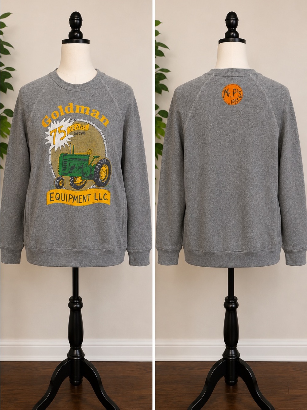 Alternative Gray Crewneck Sweatshirt with Green & Yellow Tractor Graphic